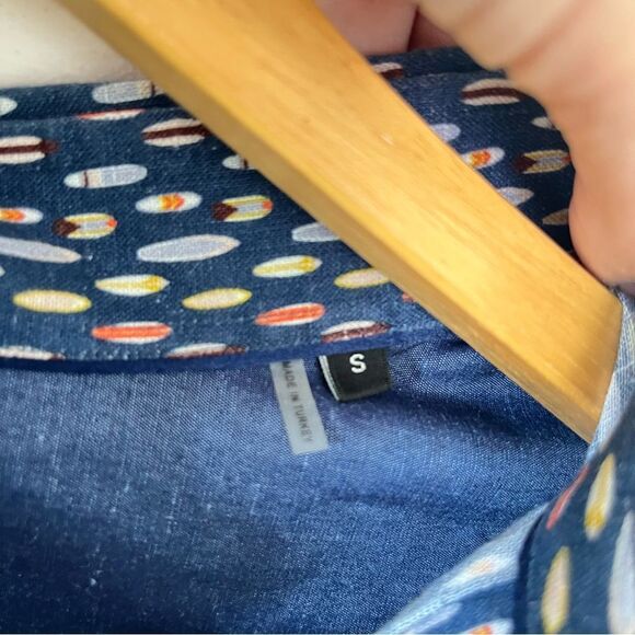 Bugatchi Navy Surfboard Pattern Linen Long Sleeve Button Down Shirt‎ - Picture 5 of 7